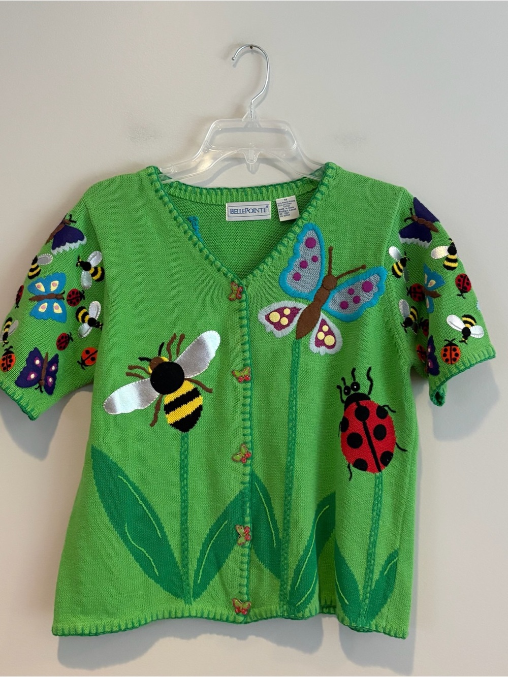 Bellepointe Bright Green Garden Bug Knit Cardigan Size M